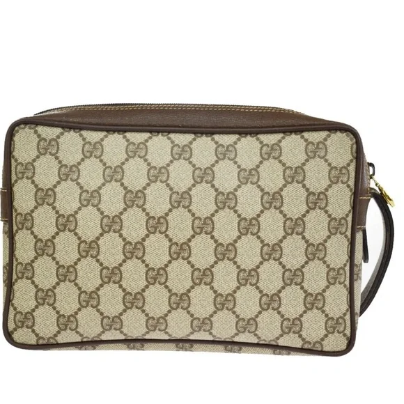 #3 GUCCI GG PATTERN SHERRY CLUTCH BAG PVC LEATHER BROWN USED - LIVE SHOW! - Picture 3 of 10